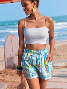 Travachic 女士腰带印花口袋休闲短裤，度假，夏季服装，夏季服饰，女士沙滩装，女士沙滩度假装，女士度假装，沙滩短裤 - 彩色 - 查看 6