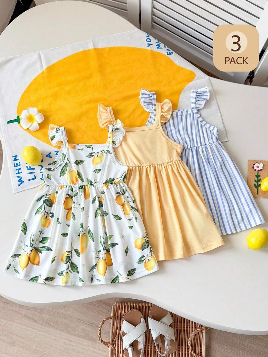Playful Pals 3件套女婴柠檬印花蓝白条纹荷叶边袖连衣裙，适合夏季外出、拍照或日常穿着。 - 彩色 - 查看 1