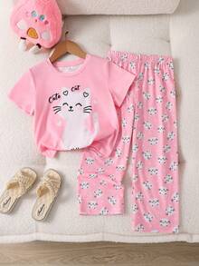 SHEIN 女童猫咪印花圆领短袖上衣和裤子休闲家居服睡衣套装 - 彩色 - 查看 9