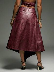 Denimoi Chân váy giả da xẻ cao, vạt lệch, thời trang, thích hợp cho mùa thu đông. - Màu Đỏ Sâu - Xem 3