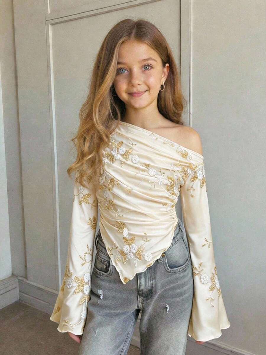 SHEIN Tween Girls' Casual Oblique Shoulder Long Sleeve Top - White - View 1