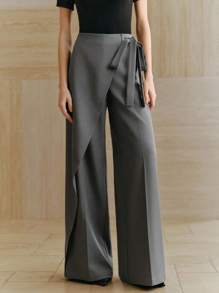 Anewsta 高腰不对称下摆系带蝴蝶结宽松休闲通勤长裤（女款） - 灰色 - 查看 1