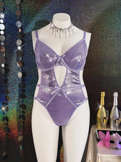 Plus Size Women Bow Decor Hollow Out Design Camisole Lingerie