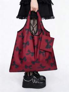 ROMWE Kawaii Bolsa de almacenamiento con estampado de lazos en todo el diseño, bolsa de compras plegable de gran capacidad y portátil con monedero - Rojo - Ver 7