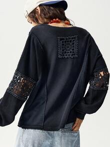 Bohemela 休闲针织拼接半拉链宽松水洗女式卫衣 - 黑色 - 查看 7