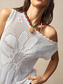Bohemela 女士船领短袖休闲镂空针织上衣 - 白色 - 查看 6