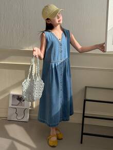 DAZY 少女V领单排扣休闲百搭日常牛仔连衣裙，返校季 - 藍色 - 查看 6