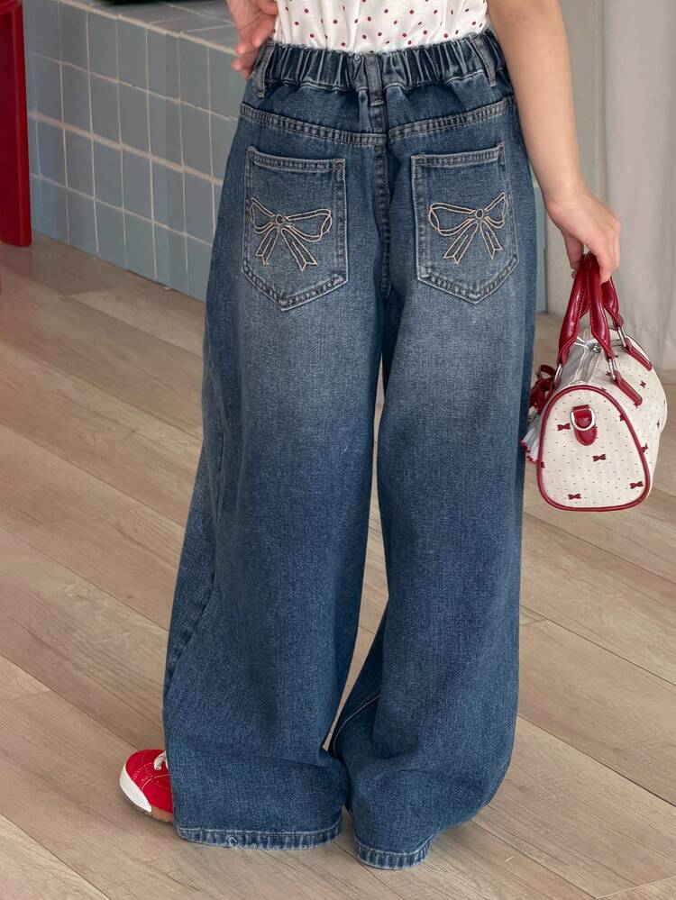 Girls' Bow Embroidered Denim Jeans