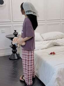 DAZY 2pcs Tween Girl Girls' Casual Printed Short Sleeve T-Shirt And Pants Set, Fall Outfit - Purple - View 2