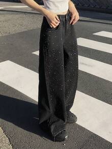 FRIFUL Damjeans med vida ben och tvätt, strassutsmyckade ben för vardagsbruk - Svart - Visa 3