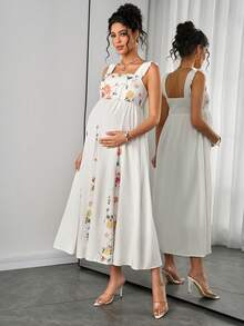 Momance Vestido plisado de cuello cuadrado con estampado floral casual de maternidad, adecuado para vacaciones de verano - Multicolor - Ver 4