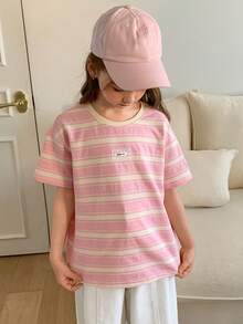 DAZY 少女条纹圆领短袖休闲宽松百搭T恤 - 粉色 - 查看 2