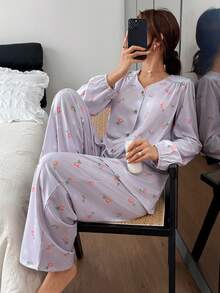 DAZY Ditsy Floral Ruched Shoulder Loose Women Pajama Set - Pink - View 8