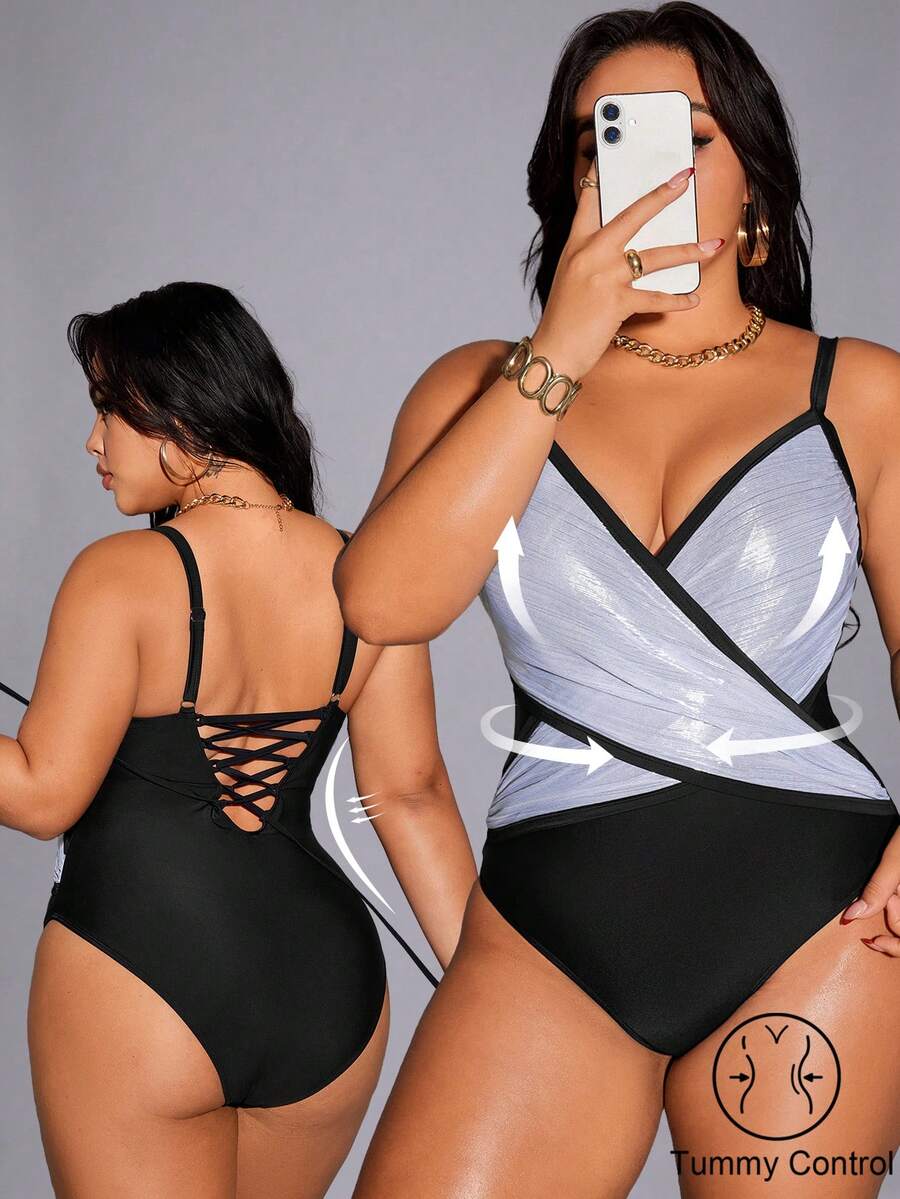 Plus Size Women Patchwork One-Piece Swimsuit, Casual Beach & Pool Wear - Black and White - View 1