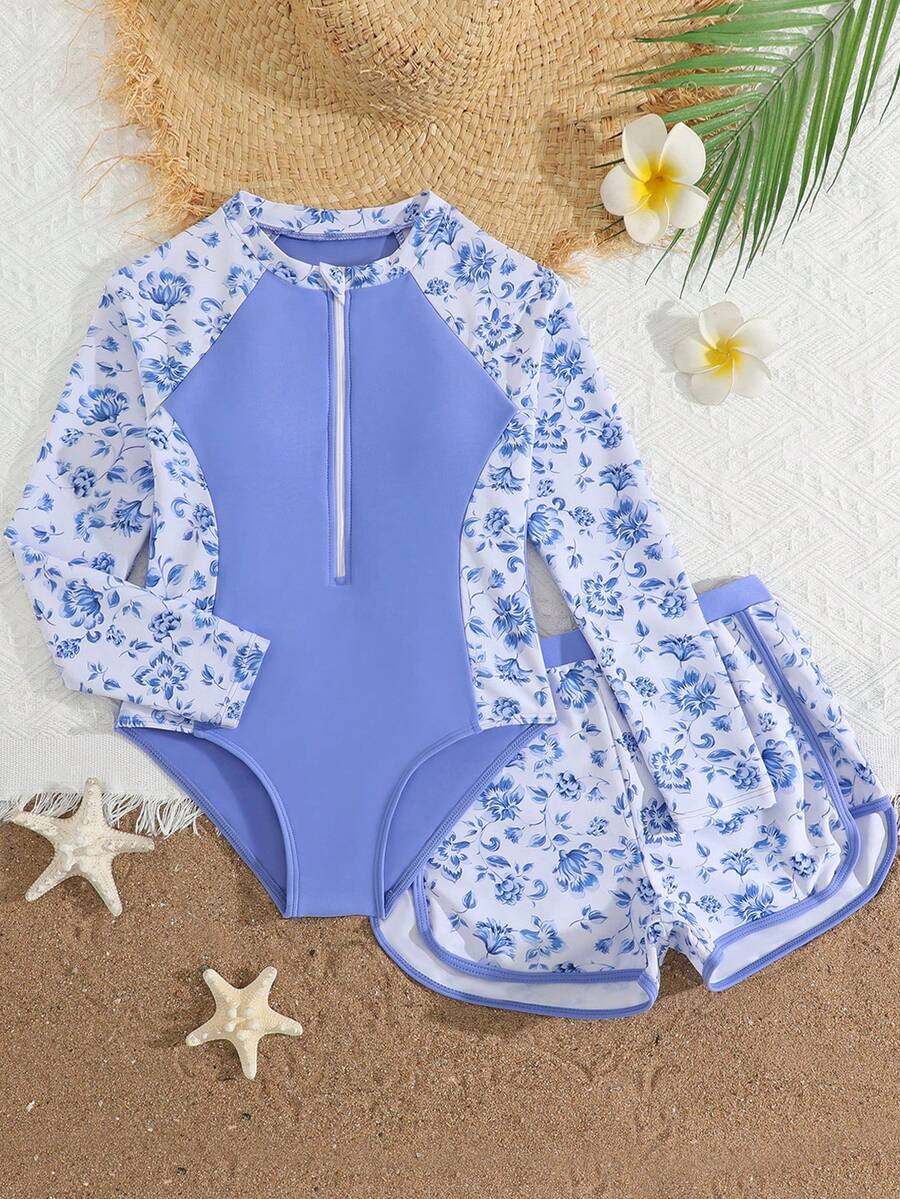 SHEIN Tween Girls Ditsy Floral Long Sleeve Bikini Set,Blue White Striped,Summer,Holiday,Pool Party,Holiday,2-Piece Rash Guard Modest Swimsuit For Teens - Blue - View 1