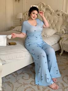 Dazy Plus Piyama Set Kaos Lengan Pendek dan Celana Panjang Motif Kupu-kupu Nyaman Ukuran Besar, Musim Panas - Biru - View 8