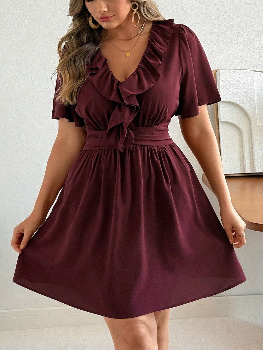 Ceyna Plus Size Women Burgundy Summer Elegant Graduation Wedding Shirred Ruffle Vintage Waist Adjustable Pleated A-Line Flare Sleeve Short French Dress - Burgundy - View 1
