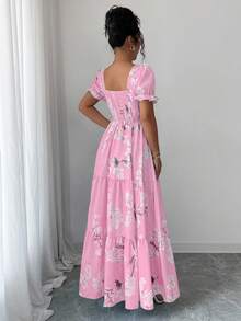 Elenzga Đầm nữ mới về, cổ vuông, in hoa, tay phồng, hở lưng, dáng chữ A, thích hợp cho kỳ nghỉ, đi biển hoặc mặc hàng ngày, thanh lịch. - Hồng - Xem 2