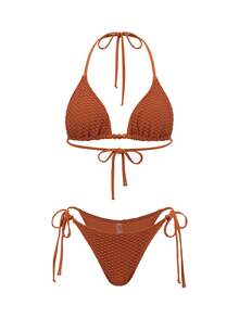 Bonvoyette Women's Summer Textured Fabric Solid Color Bikini Set With Skirt, 3-Piece - Orange - View 4