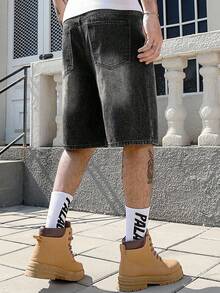 ROMWE MEN Street Life Men's Casual Printed Denim Shorts - Black - View 2