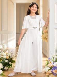 SHEIN Pitira 青少年女孩優雅圓領荷葉袖水鑽裝飾連身褲 - 白色 - 查看 4
