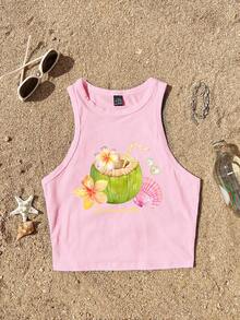 Tseoso Pink Casual Minimalist Round Neck Women Tank Top, Suitable For Summer, Coconut Shell Pattern - Pink - View 6