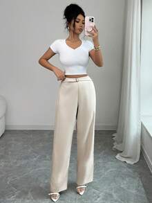 Elenzga 新款简约搭扣直筒休闲女裤 - 卡其色 - 查看 2