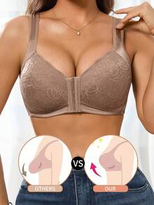 Women's Comfortable Solid Color Shiny Smooth Bra Flower Lace Scallop Without Underwire Soft Cup Front Closure Buckle Bra - Mocha Brown - View 4