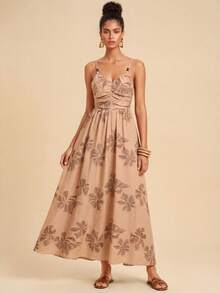 Travachic Women's Floral Print Pleated Casual Dress,Beige Summer Boho Vacation Holiday Outfits,Elegant Wedding Guest Party Dress,Mexican Style Beach Clothing - Khaki - View 7