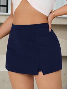 SHEIN EZwear 大码女装，迷你裙，纯黑色简约A字裙裤，休闲日常穿着，女士冬季服装 - 藏蓝色 - 查看 4