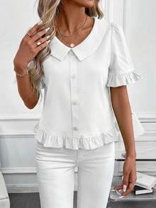 SHEIN Clasi Áo nữ tay ngắn, màu trơn, cài cúc phía trước, kiểu dáng thường ngày, thích hợp mặc đi chơi, trang phục mùa hè cho nữ. - trắng - Xem 6