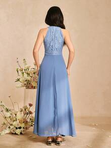 SHEIN Teen Girl Contrast Lace Side Slit Hem Elegant Halter Neck Party Dress - Dusty Blue - View 2