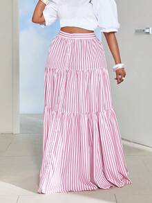 Maweii Plus Size Colorful Striped Open Front Elegant Date Skirt - Pink - View 6