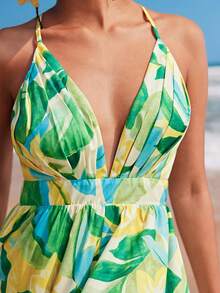 Travachic 女士深V领印花褶皱露背收腰优雅连衣裙，热带风情，波西米亚风，西部风情，夏季连衣裙，夏季穿搭，女士夏季连衣裙，女士优雅连衣裙，女士度假穿搭，节日连衣裙，女士复活节连衣裙，沙滩连衣裙，绿色连衣裙，女士碎花连衣裙 - 綠色 - 查看 6