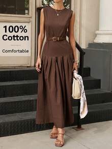 Editum Đầm dài nữ kiểu dáng thanh lịch, màu trơn, chất liệu 100% cotton, mềm mại, thoáng mát như vải lanh, phù hợp cho đi làm hàng ngày, công sở và nhiều dịp khác. - màu nâu - Xem 4