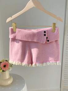 Comfortcana Quần short len lửng màu hồng phối ren, vạt bất đối xứng, có thể gập lại, thích hợp cho nữ mùa xuân, lựa chọn thanh lịch cho Giáng sinh, Năm mới, Ngày Valentine. - Hồng - Xem 4