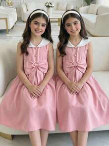 SHEIN Tween Girl Elegant Gold Button White Color Block Collar Big Bow Pink Sleeveless A-Line Dress,Pink And White Striped,Summer,Elegant,Party Wear Vintage - Pink - View 8