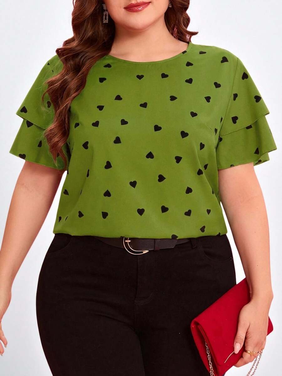 Reflora Plus Size Heart Print Round Neck Casual Short Sleeve Shirt, Summer - Army Green - View 1