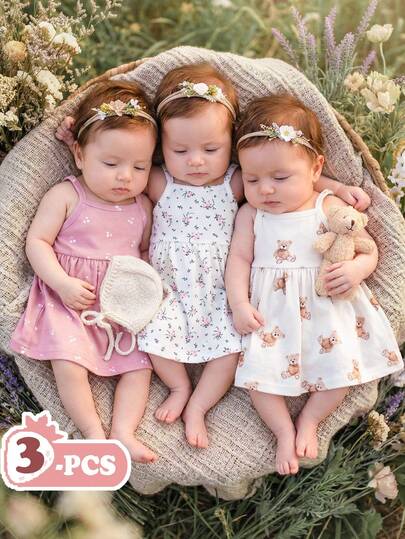 SHEIN Vintaside Kids Newborn Baby Girl Summer White & Orange Floral Print Strap Dress 3-Piece Set, Comfortable & Cute Outfit, Home Gift