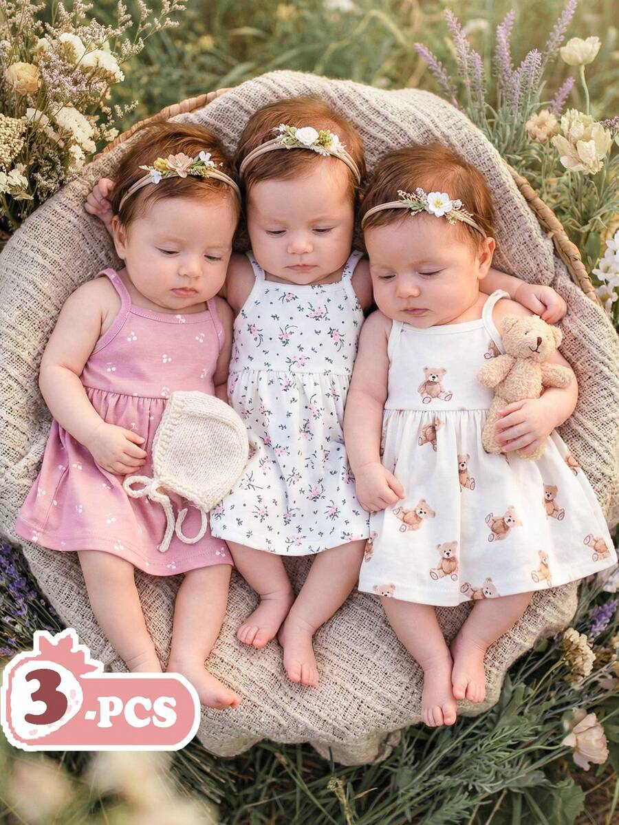 SHEIN Vintaside Kids 新生女宝宝夏季白色橙色碎花吊带连衣裙三件套,舒适可爱,居家礼物 - 彩色 - 查看 1
