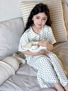 Dazy Kids Conjunto de pijama informal de top de manga media con cuello de lunares y pantalones de pierna ancha para niña preadolescente - Multicolor - Ver 8