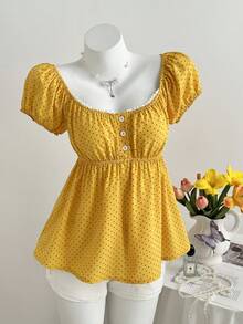 Elamini Áo sơ mi nữ tay ngắn cổ vuông in chấm bi thoải mái - Màu Mù tạt vàng - Xem 5