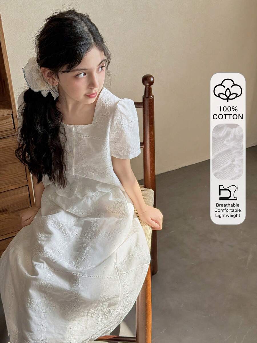 DAZY Tween Girl Embroidered & Applique Single-Breasted Short Sleeve Shirt Top And Mini Skirt Vacation Outfit - White - View 1