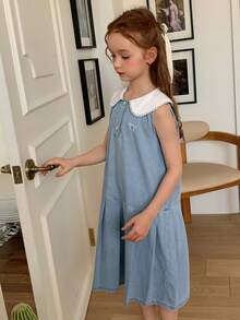 DAZY Tween Girls Denim Jumper Dress With Collar, Fall - Blue - View 2