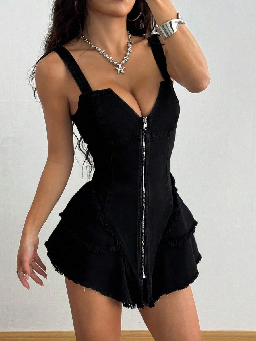 SHEIN ICON Women's Solid Color Zip-Up Denim Jumpsuit Dress - Black - View 1