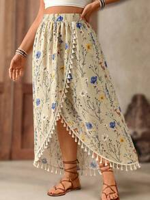 Breezaya Plus Size Vintage Floral Print Summer Skirt, Suitable For Carnival Party - Apricot - View 5