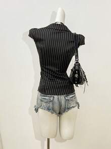 Jeanoix 女士经典复古黑白条纹荷叶边短袖休闲纽扣衬衫，春夏款 - 黑色 - 查看 2