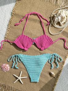 Swim Mod 2pcs/Set Spring/Summer Crochet Starfish & Shell Pattern Design Spaghetti Strap Backless Beach Cover Up Set For Women - Purple - View 2