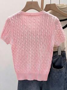 Franclia European And American Spring/Summer New V-Neck Embroidered Textured Rib Knit Design Casual Women Sweater Top - Pink - View 2