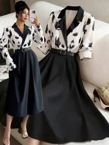 Elenzga Urban Chic New Women's Spring/Summer Floral Print Lapel Puff Sleeve Belted High Waist A-Line Midi Dress, Suitable For Daily Wear, Weddings, Galas, Commute, Graduation Parties, Holidays, Vacations, Dates, Parties, Halloween, Christmas, New Year, Thanksgiving - Black - View 1